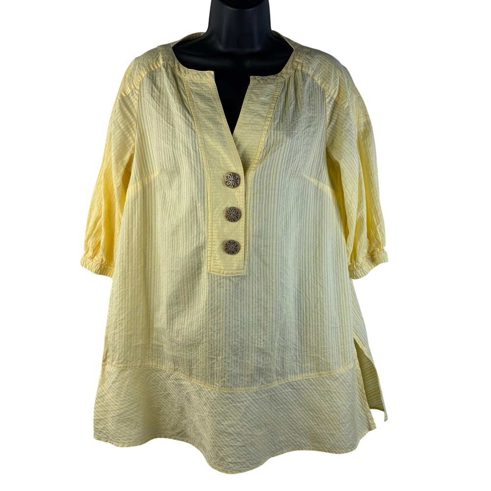 Soft Surroundings Yellow Striped Seersucker Cotton Tunic Top Split Neck Small